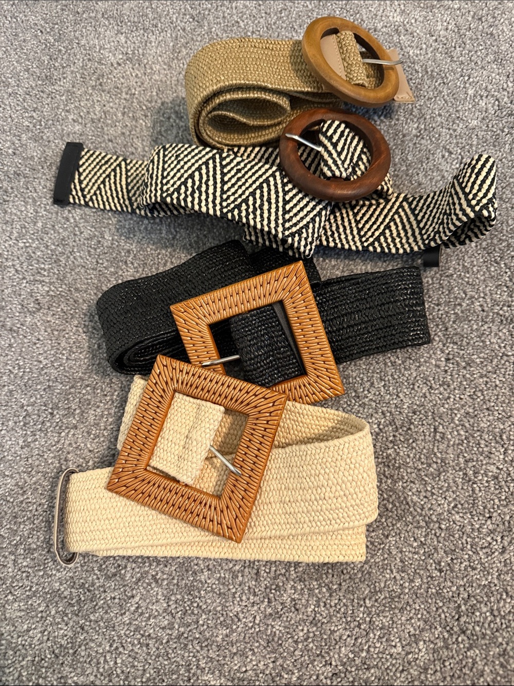 Woven Neutral Stretch Belt with Wooden Buckle - Beige
